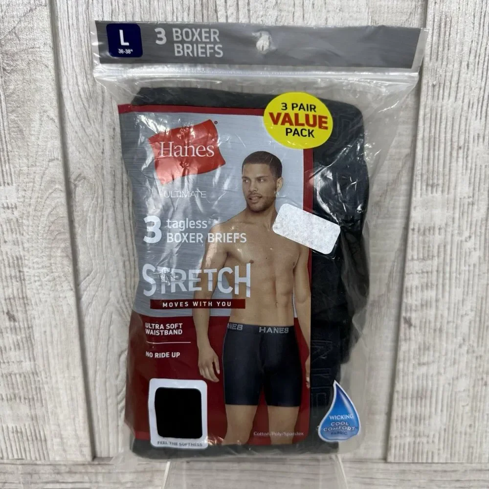 Hanes Men's Large 3-Pack Black Cotton Blend Stretch Boxer Briefs Wicking 36-38”